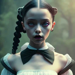 Full body, 3d render,Jenna Ortega, Wednesday addams 1800's women style, 1800's hair style, 1800's women clothes style, hyper realistic, octane render, unreal engine 5, 8k, palace background, uhd