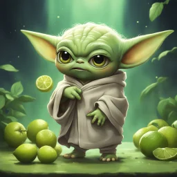 Chibi-style smiling anthropomorphic lime fruit that looks vaguely like Baby Yoda by artist "anime", huge eyes, big head, adorable, Anime Key Visual, Pixiv, Zerochan, Fantia Epic cinematic brilliant stunning intricate meticulously detailed dramatic atmospheric maximalist digital matte painting