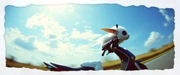 3d airbrush render, white fluffy gnome native panda elf alien dodo on insane fast scooter, pinhole cam, airbrush 3d rendering, in the style of Titian and Dali , torn edges on border