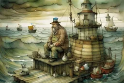 A fat man wearing a hat, is in a bath tub, by a light house, by andrea kowch, holding a umbrella, inspired by andrew wyeth. A rustic harbour, with ships docked is nearby. The Beach is covered with sea shells, crabs and lobsters.There are rain clouds and everything looks as if done in watercolors victo ngai, matisse, monet, catrin welz-stein, vladi