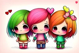 cute rainbow chibi girl and boy and hearts