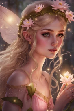 Pointed elven ears,Blonde hair ,Pink dress,Sparkling fairy wings,Very long golden hair,Fairy crown,pointed ears,elven ears,fairy wings,water lilies,sparkling,glittering,flowers,blossoms,golden crown,light pink dress