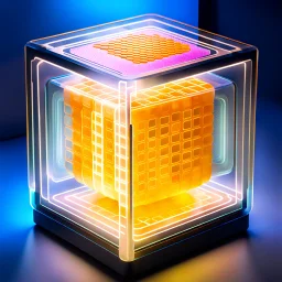 a futuristic translucent neurocube, inside the cube there are partitions made of honeycomb plates