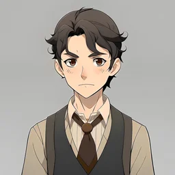 Young adult male, black hair with middle, mischievous hazelnut brown eyes, tall and lanky, freckles here and there, 1920s styled outfit, anime style