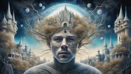 karma, Galactic space portrait of a man with buildings inside his head, blond, castle, branches, inspired by architecture, crazy details and double exposure in fantasy art, glitter, fine art, realistic painting of a complex hyper-detailed main society, fine rendering, clear drawing