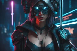 Cyberpunk yone in 8k live cyberpunk artstyle, cyber mask, two swords , close picture, neon lights, intricate details, highly detailed, high details, detailed portrait, masterpiece,ultra detailed, ultra quality