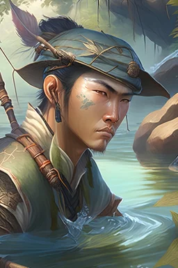 official game art, full picture, fantasy character, d&d, human, east asian, male, detailed face, fisherman, headband, water, rivers