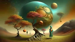 in a surrealist style, the changing of seasons in an alien planet similar to earth with the words le stagioni