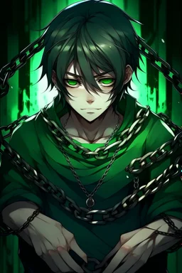 Boy in chains, cold and emotionless look coming from him, black hair, green eyes, Dark green background, a cut on his cheek, the bottom is full of chains, he is tied to his hands by handcuffs made by chains, anime style