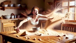 wooden table with invisible tabletop while woman sprinkles flour all over the room frantically