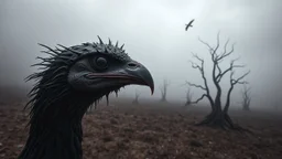 close up weird crepy bird head, and far away Birds and trees in alternative surreal barren, dry, gloomy world, nightmare in abyss, deep vortex, black, gray, purple, brown, silver, dark red colors, surreal, weird dark fantasy, deep dark colors, sharp lines, crepy stunning, high detalied, weird, fog, shadows, realistic, surreal, highly detailed, melancholic thriller mood