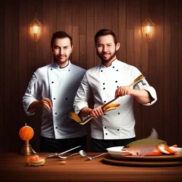 portrait of handsome man and another chef in front dark wooden wall, fish, shiny fork and knifes on dinner table with cloth, fantasy art book cover