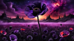 black poppy seed , purple poppy flower in the bloody sunset, on alien land, weird, surreal, complementer colors, fog, shadows, dead world, high detailed, far above on the dark sky is nebula, weird, surreal style, splash art