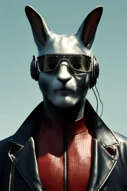 Medium Close Up Portrait, Front image. cyberpunk, rabbit mask, afro man, white hair. leather suit. Silver, blue, red, color. Akira style. Color background, photo studio. Avatar image, highly detailed, concept art, smooth, unreal engine 5, god rays, ray tracing, RTX, lumen lighting, ultra detail, volumetric lighting, 3d, finely drawn, high definition, high resolution.