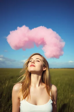 A pink plastic cloud floating in a woman's head sunny
