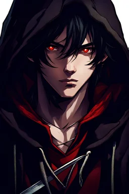 18-year-old boy with black hair and a hairstyle with red-colored eyes in a medieval fantasy hoodie with a long sword