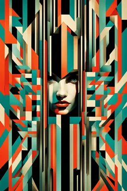 A close-up portrait in a geometric style with hard edges and sharply contrasting colors.