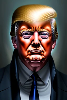 Portrait of Donald trump, realistic cyborg face, metal showing under skin, red eyes