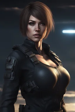 12k wallpaper of Arina- 34 years old woman, mercenery, fierce and stunning, Bobcut brown hair, athletic, wearing black tactical clothes in sci-fi world - HDR quality - trending in artstation, ultra realistic, highly detailed neck, highly detailed face