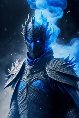 blue smoke in a shape of humanoid of colour of a storm wearing a scalemail armor