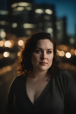 high quality, night photo, hyper realistic portrait photo of 30 y.o girl, pale skin, bokeh, bbw, fat, chubby, looking at user, realistic, cinematic photo, black hair, blue eyes, sbbw, looking at camera