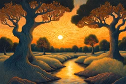 Great landscape, nature at sunset, Paradise Lost, spiritual, surreal, trees, fine art, tan skin, Vincent Van Gogh style, highly detailed, smooth, very sharp focus, illustration, bathing in light, ultra realistic illustration, close-up