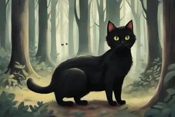 Children’s book art of black cat in the forest