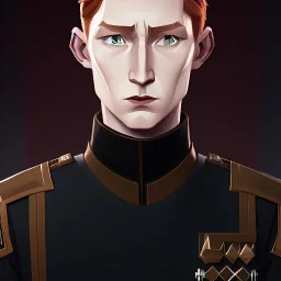 general hux 3/4 view, wearing a black First Order uniform, serious, imposing figure, thick eyebrows, digital art, wearing a black First Order uniform, green eyes, gray background, sepia filter, light coming from the side