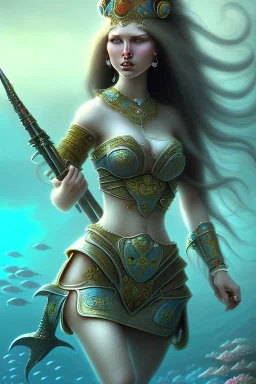 long hair lady warrior with big bobs no top under the sea