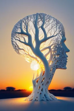 White AI algorithmic based 3D printed generative design, tree growing out of human head, natural dusk sunset lighting,