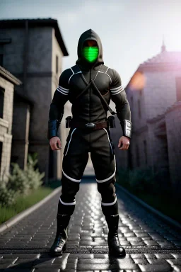 muscular ninja assassin, athletic build, wearing black and gray baggy pants with pockets, black hood and black balaclava mask, big boots, buckles, straps, daggers, dark hazel eyes, eyes are both in proportion and green, 3/4 look, standing, dark cobblestone alley, candle light behind head, intense, non photorealistic rendering in the art style of j.scott campbell