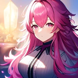 girl, masterpiece, best quality, volumetric lighting, detailed outfit, perfect eyes, dark pink hair, pink eyes, messy hair, long hair,