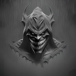 3D emblem, darkness, a muscular monster made of black mud, in a hood, scary and run, joker smile, simple background, photorealistic.