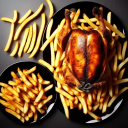 a nice juicy small chicken with french fries on a big black plate