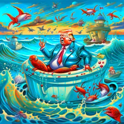 Donald Trump as a Fat man in a claw foot bathtub sinking in the ocean. Water lapping at the top of the tub. Panic on his face. Scared, screaming for help. Surrounded by seagulls, lobsters and crabs. there is a colorful light house with dark stormy skies in the background. Lightening and wind blows. He's in trouble.