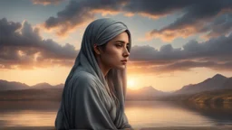 Hyper Realistic Sad Pukhtoon Young-Woman with a cloudy sunset riverside & mountains at the back