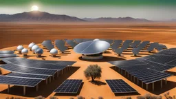 photo from solar power plants, solar energy panels stand in rows in a semi-desert, semi green planted futuristic ​​special landscape, special circular and columnar and abstract shaped solar panels, in the distance the metallic dome of a solar power plant glitters, in the foreground of the picture, stands on a hill a dark silhouette of a short-haired woman and looking up at the sun, the light blue-white sky shows a glowing sun. high detailed, sharp focus, masterpiece