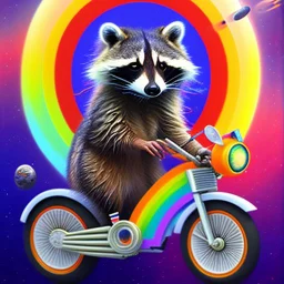 A raccoon astronaut riding a rainbow bike on a mission to gather space trash, jumping over asteroids as he goes.