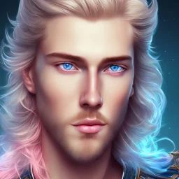 portrait bel homme, visage , prince , grands yeux bleus, cheveux long blond lord fantasy, bleu et rose