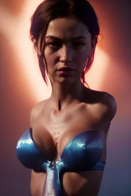 Realistic image, waist up portrait, sexy woman. Blue muppet head change for woman head, concept art, smooth, unreal engine 5, god lights, ray tracing, RTX, lumen lighting, ultra detail, volumetric lighting, 3d, finely drawn, high definition, 4k.