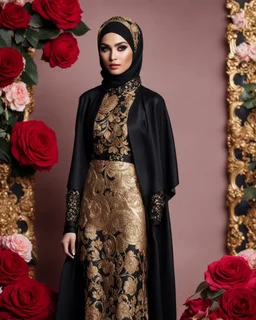 Luxury potrait of a beautiful super model hijab beauty makeup cosmetic,she wearing islamic a luxurious details pattern color gold and black casual jacket with designed large flower details that resemble roses.The dress has an asymmetrical design with one sleeve and a flowing skirt.background of the image shows a red carpet event with floral decorations,close-up portrait