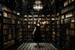 full-height shot of a woman in a tifull-height shot of a woman in a tight black dress, inside a large magic book shop, shelving, lights, books, bottles, windowsght black dress, holding up small glowing symbols, inside a magic book shop