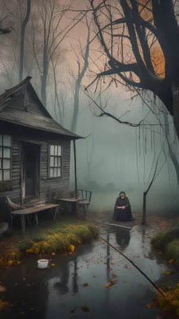 A swamp surrounded by bamboos long trees in cloudy, depressing, foggy, with a dim of light in the distance , there.is an abandoned cottage of an old house covered with leaves. A strange scary creature sitting on a rocking chair in front of the cottage