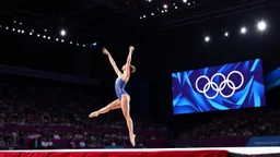 Please provide a detailed Photo of a female gymnast performing her rythmic floor exercise at the Olympic Games. Include specific elements of her performance, such as her choreography, the difficulty of her moves, her artistry, and how she engages the audience. Additionally, describe the atmosphere of the event, the reactions of the crowd, and any notable aspects of her presentation. The output should be structured in a way that captures the excitement and technical skill of the performanc