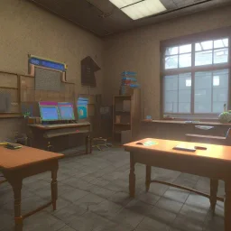 teacher waiting for students in classroom unreal engine 5 --ar 2:1