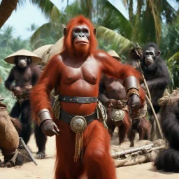 [high res photo by Gilligans Island] the Orangutang Queen smiles, ready to fight, in dust, rust and blood, her body is covered with cartridge belts
