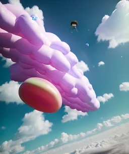 Ultra realistic clouds sky scene, wide angle, sweet childs falling down, inflatable color clothing, free jumping flying, many trinkets, monster hair, hair monster, many jelly beans, balls, smile, happy, circus style, extreme, wind, clouds sea, 20,000 feet altitude, stratosphere, soft color, highly detailed, unreal engine 5, ray tracing, RTX, lumen lighting, ultra detail, volumetric lighting, 3d, finely drawn, high definition, high resolution.