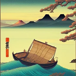 Ukiyo-e styled art, stream, mountain, sun, family on a boat