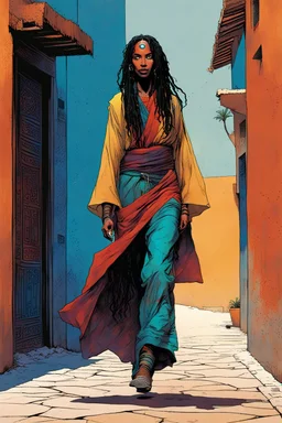 create an imaginative full body illustration of a Tuareg female, in traditional dress, with finely detailed facial features, short dreadlock hair, in the backstreets of Marrakech, in the comic book art style of Bill Sienkiewicz, Mike Mignola, and Jean Giraud Moebius, finely textured, drawn, colored, and inked