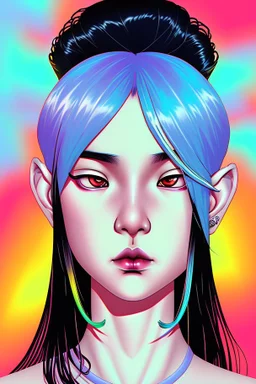 Asian androgynous girl, in detailed 80's graphic novel illustration, piercings, rainbow hair, androgynous look, epic colour treatment, cinematic colour treatment